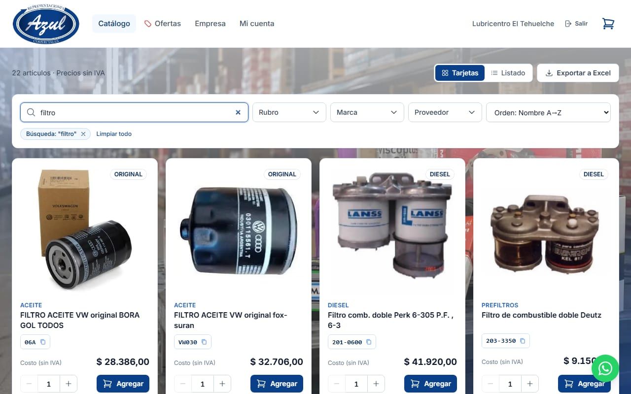Captura de Distribuidora Azul en la demo: el catálogo con los precios del cliente