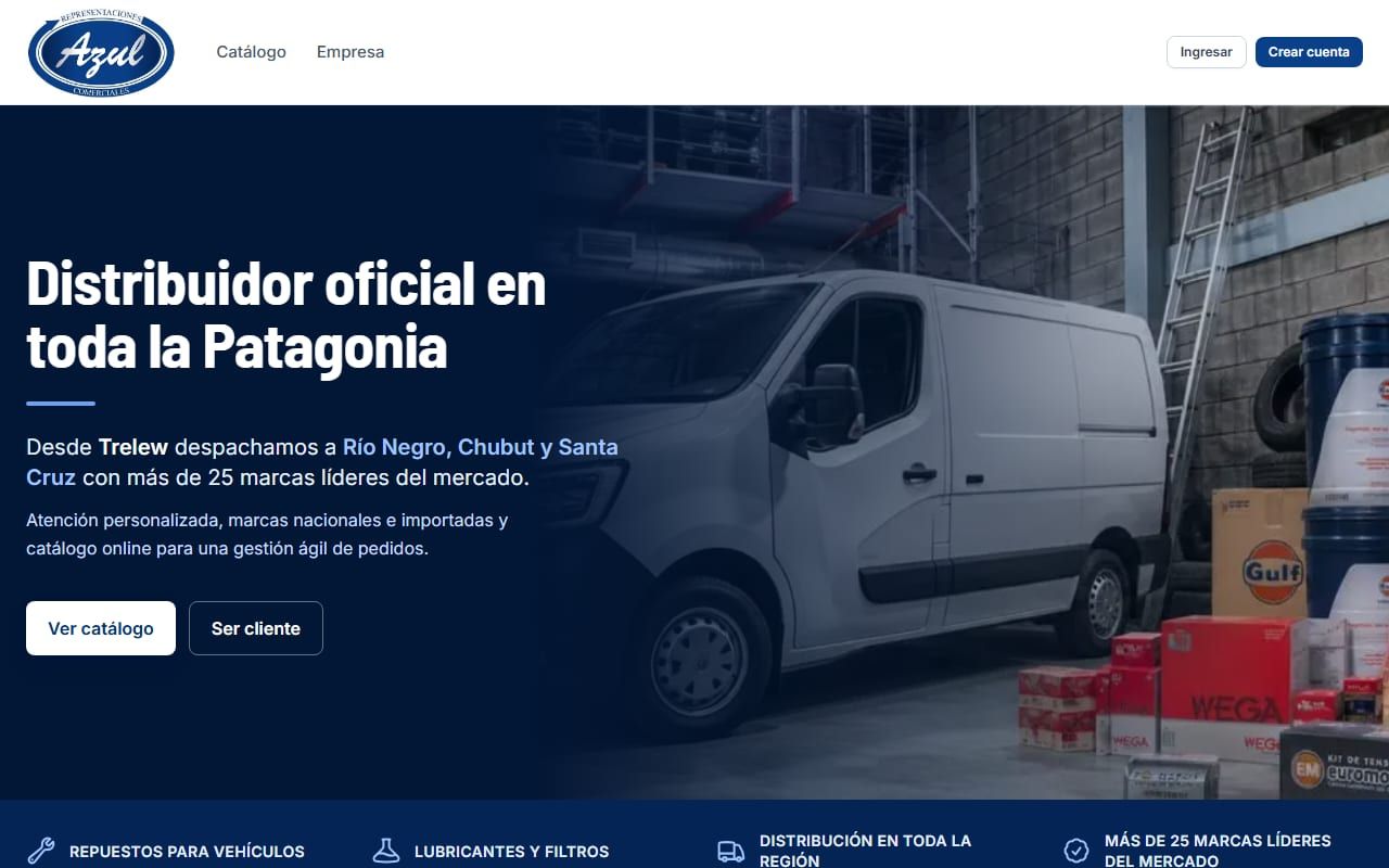 Captura de Distribuidora Azul en la demo: portada «Distribuidor oficial en toda la Patagonia»