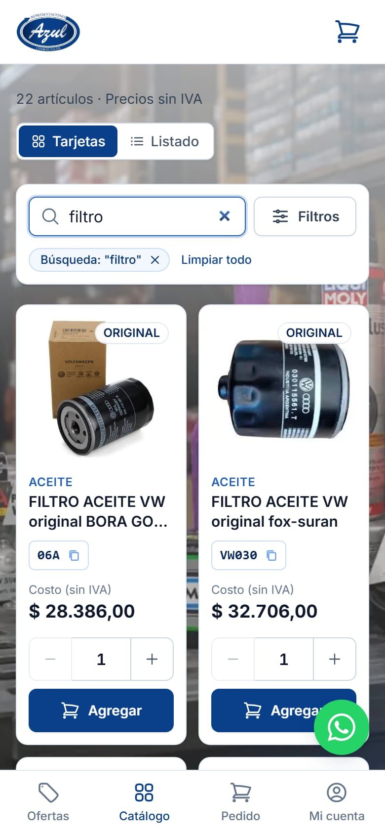 Distribuidora Azul en el móvil, en la demo: el catálogo con los precios del cliente