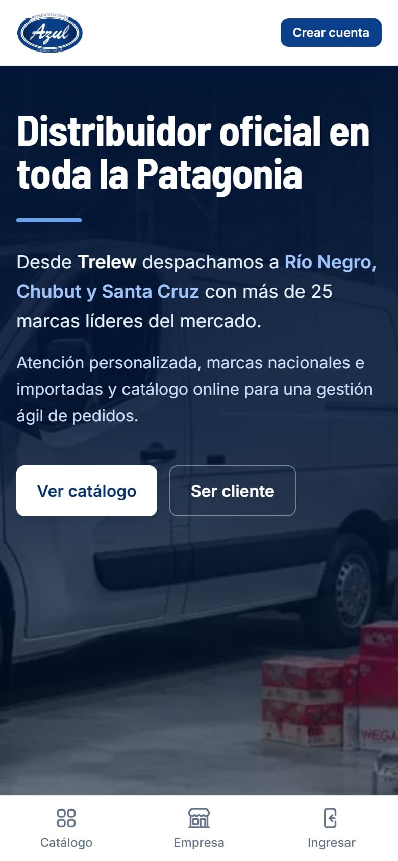 Distribuidora Azul en el móvil, en la demo: portada «Distribuidor oficial en toda la Patagonia»