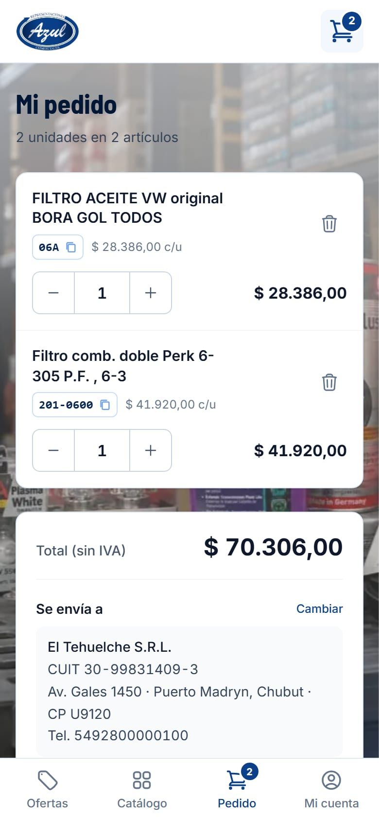 Distribuidora Azul en el móvil, en la demo: el pedido del cliente, listo para enviar