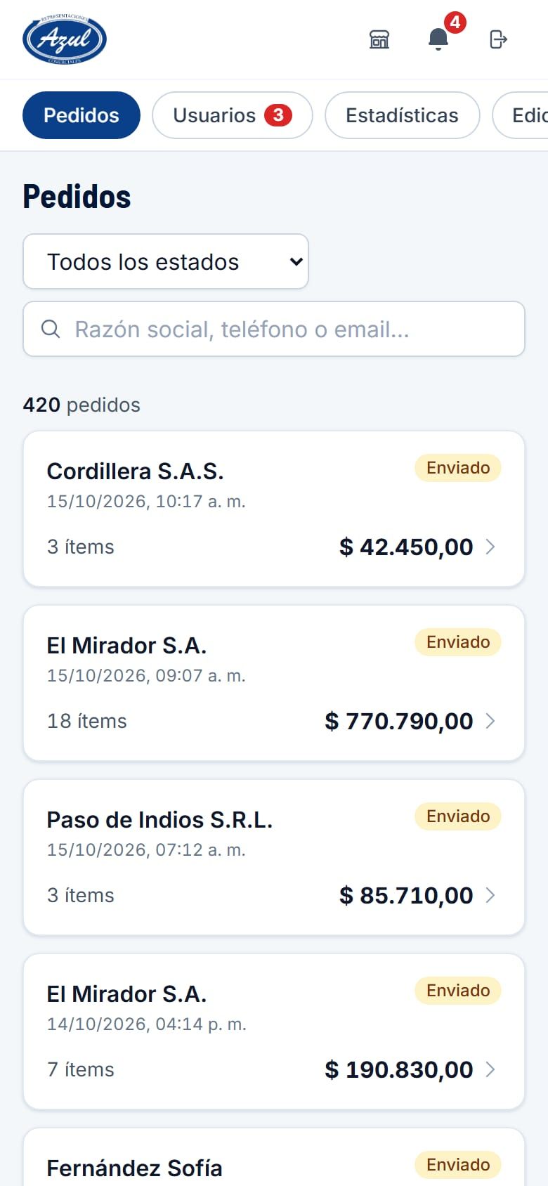 Distribuidora Azul en el móvil, en la demo: pedidos en el panel del admin