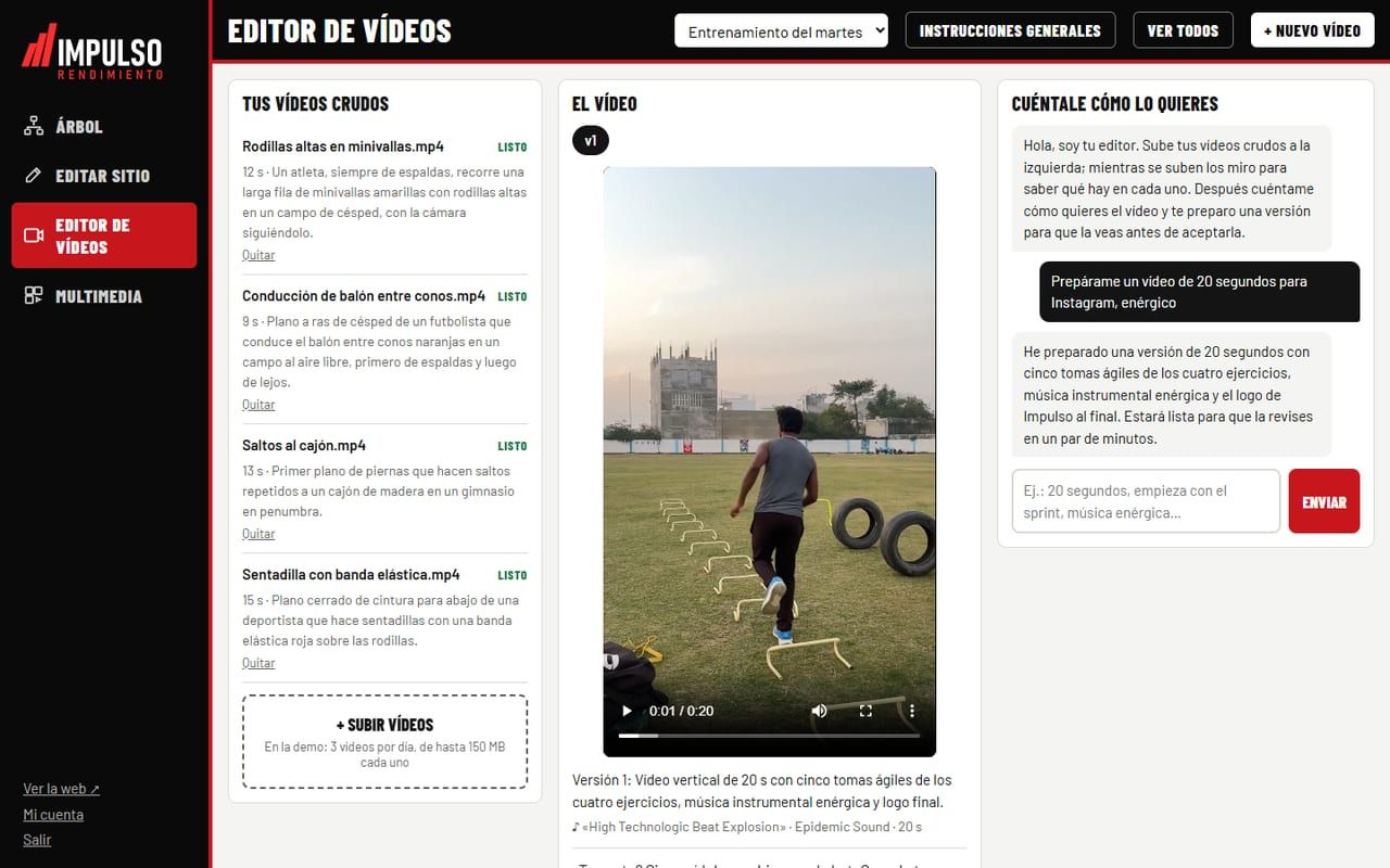 Captura de Impulso Rendimiento en la demo: editor de vídeos con los vídeos crudos, el montaje de la IA y el chat