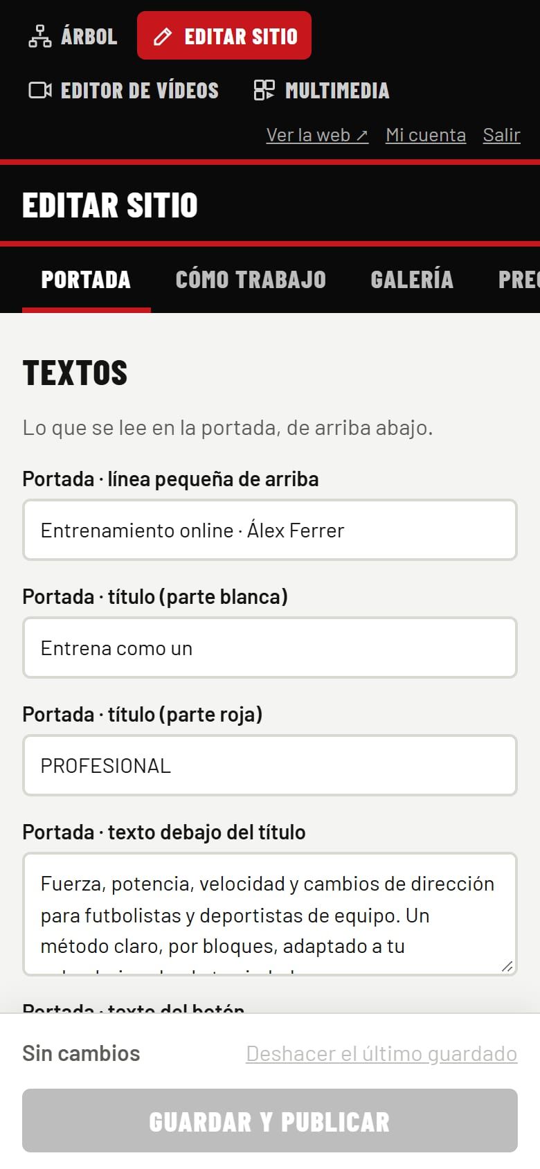 Impulso Rendimiento en el móvil, en la demo: editar los textos de la web