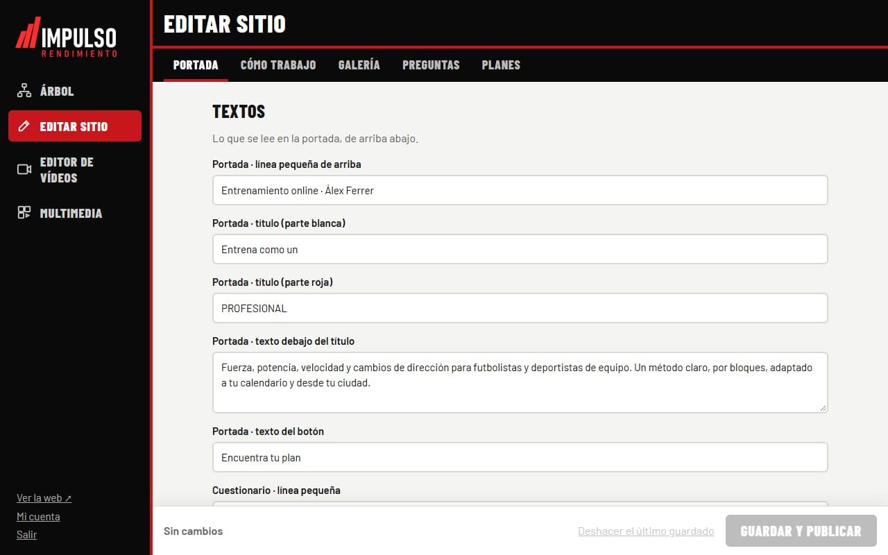 Captura de Impulso Rendimiento en la demo: el entrenador edita los textos de su web
