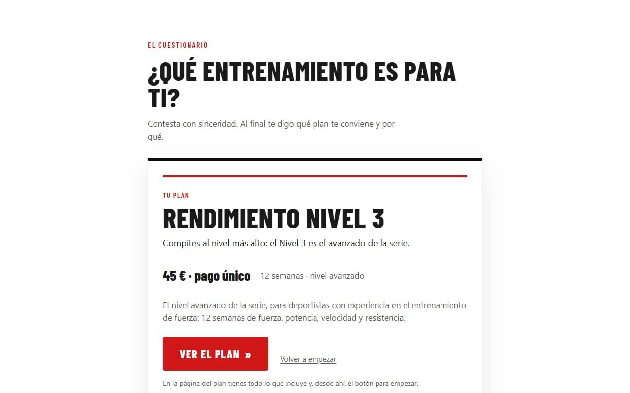 Captura de Impulso Rendimiento en la demo: el cuestionario recomienda un plan y explica por qué
