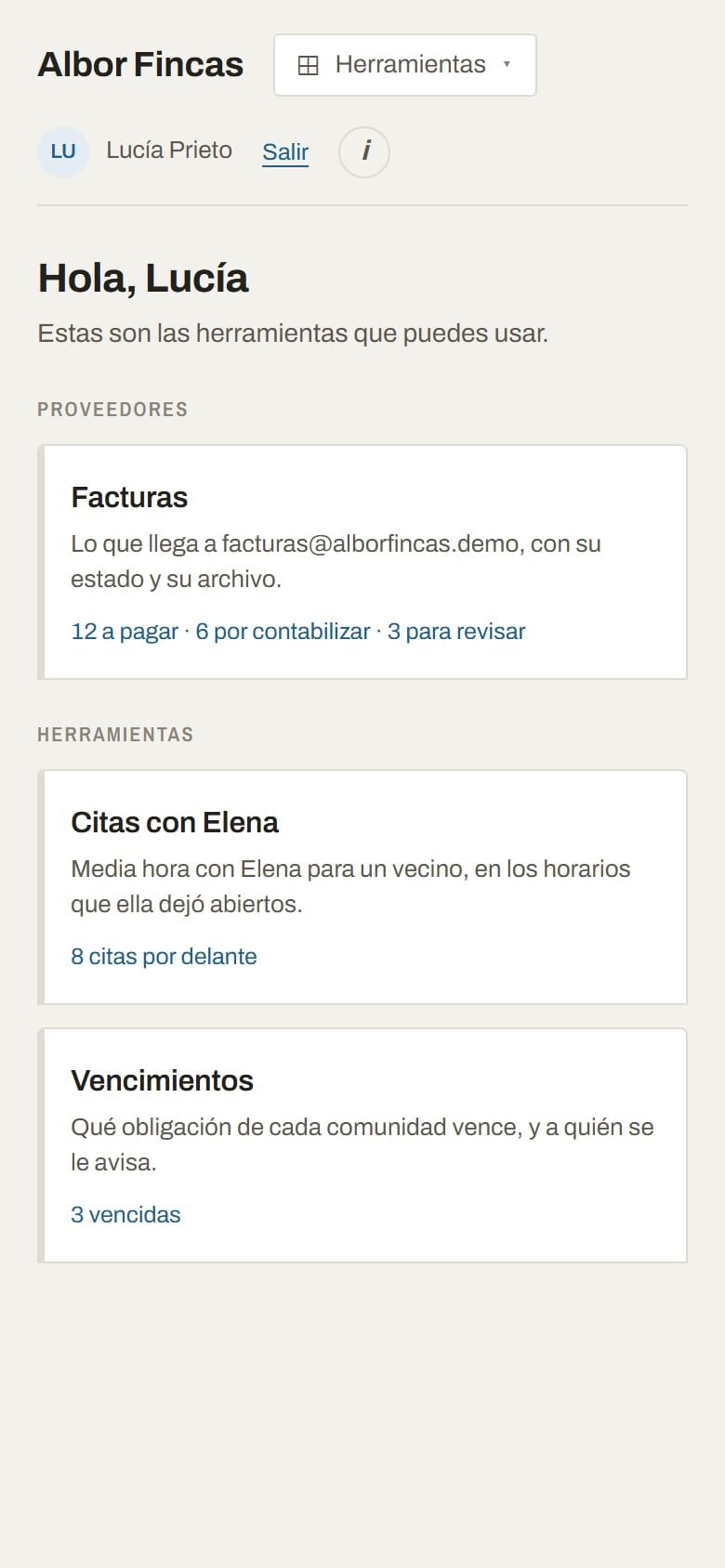 Albor Fincas en el móvil, en la demo: inicio de la empleada, con sus herramientas