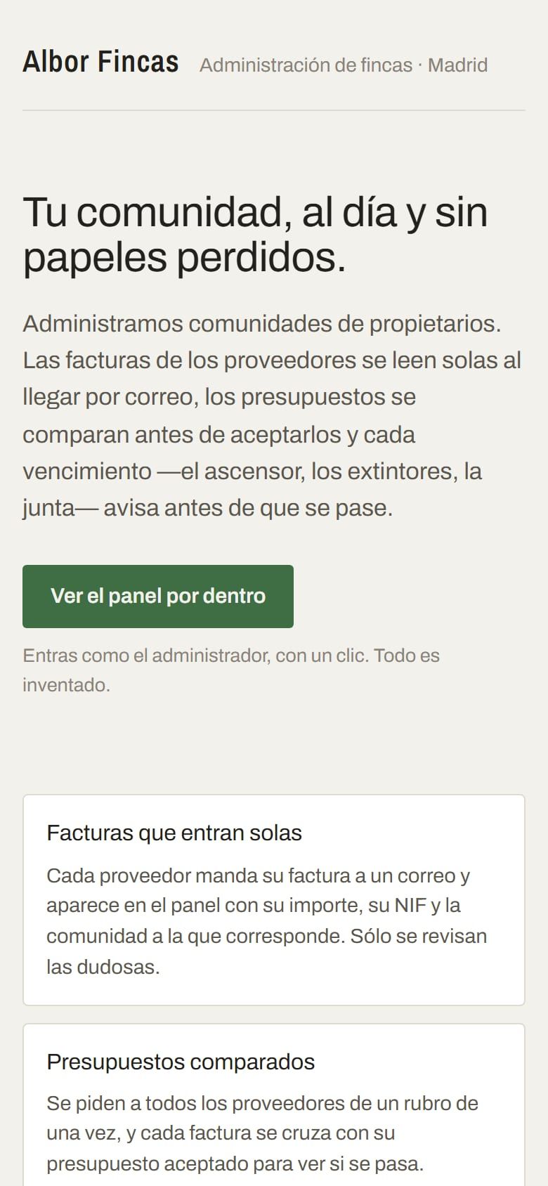 Albor Fincas en el móvil, en la demo: portada «Tu comunidad, al día y sin papeles perdidos»