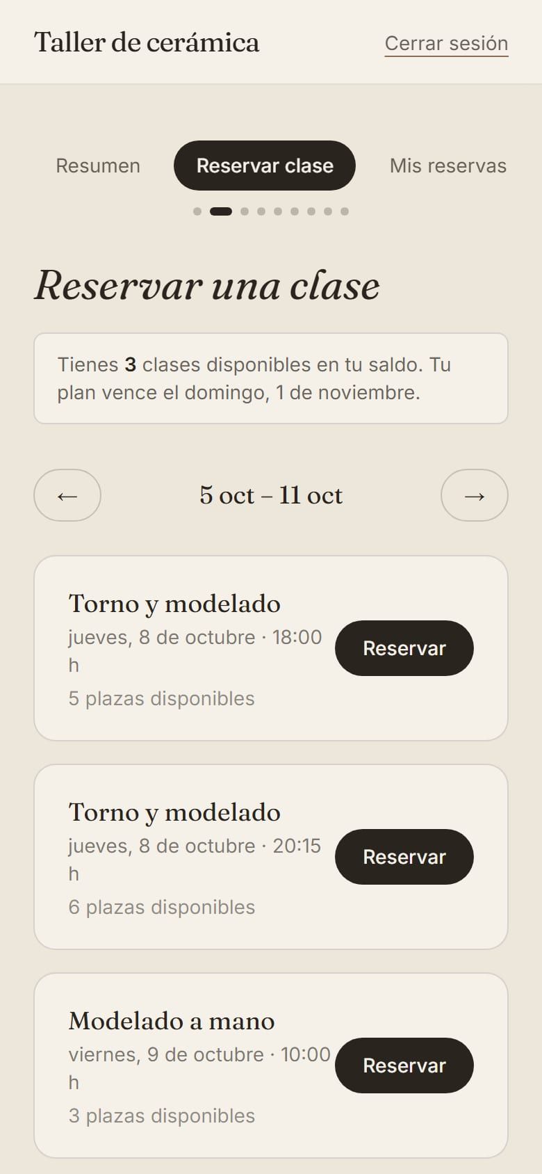 Gede Studio en el móvil, en la demo: reservar una clase