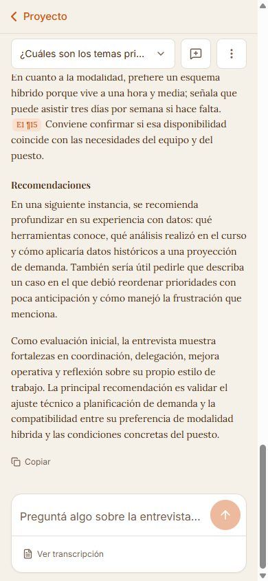 ListenIA en el móvil: chat con la entrevista, con citas al texto