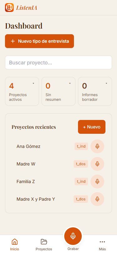 ListenIA en el móvil: panel con los proyectos recientes